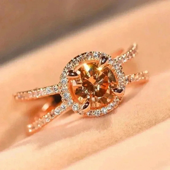Beautiful 14k Rose Gold Over Sterling Silver 2ct Champagne Diamond Halo Ring - Picture 1 of 6